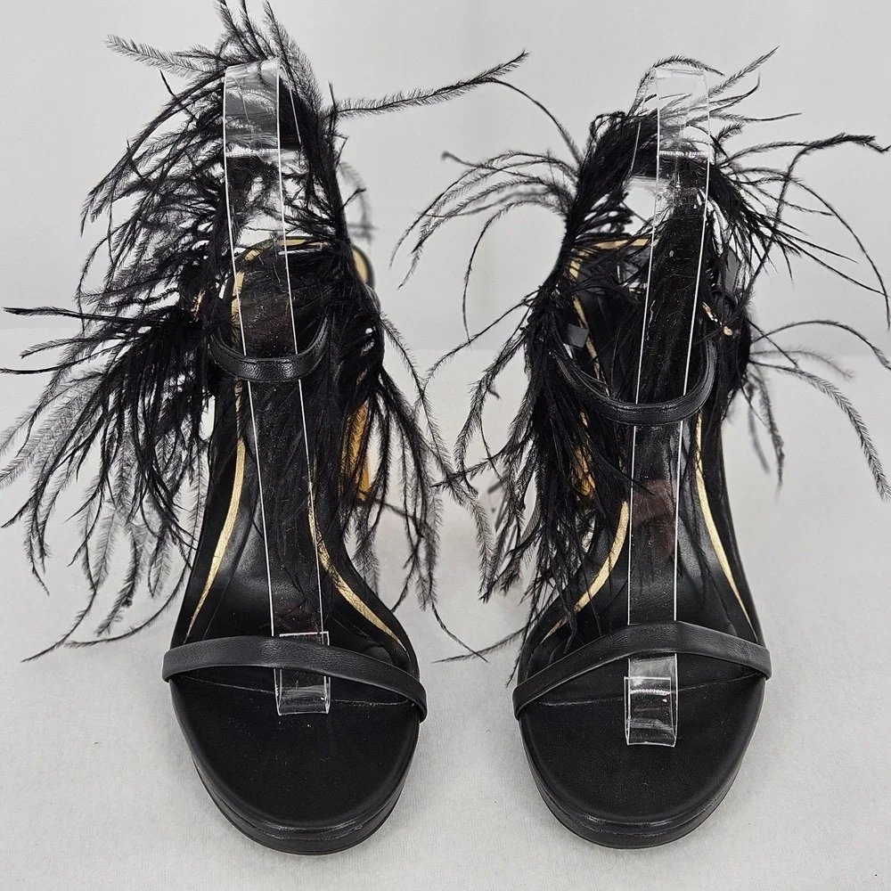Zara Black Feather Trim Gold Block Heel Sandals Wrap Ankle Strap Womens 6 NEW‎ - Picture 2 of 9